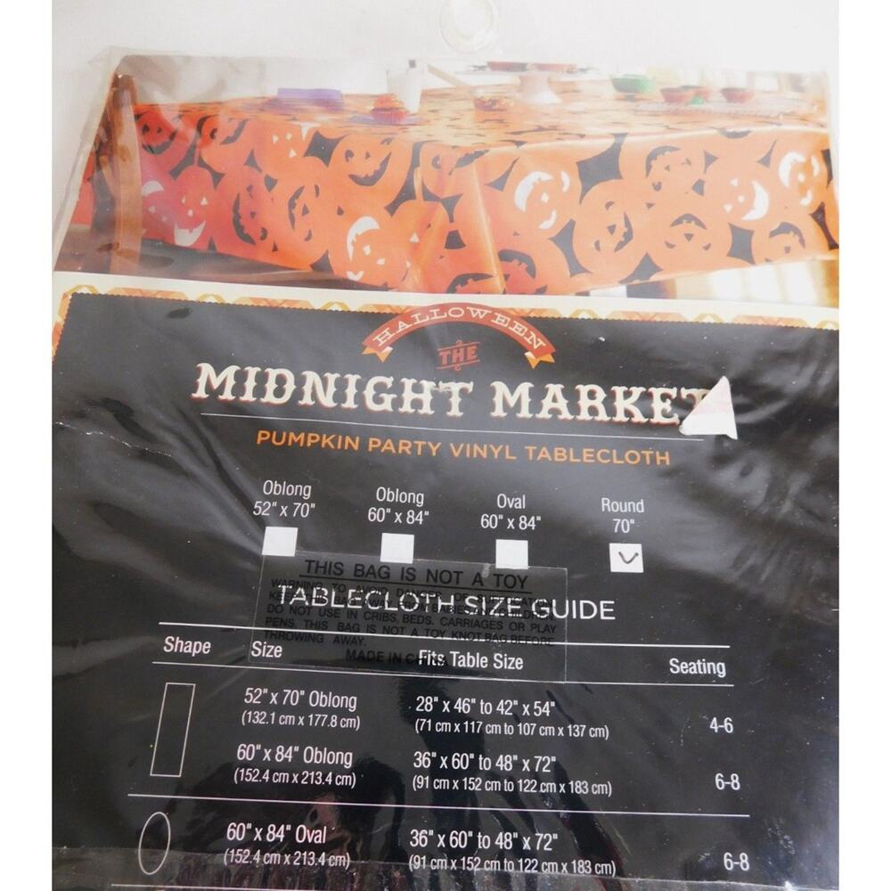 Midnight Market Halloween Vinyl Tablecloth 70" Round Pumpkins New - Picture 3 of 6